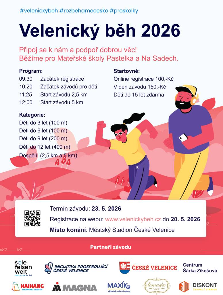 Srdečně vás zveme na 6. ročník Velenického běhu.  Připoj se k nám a podpoř dobrou věc! Běžíme pro Mateřské školy Pastelka a Na Sadech.