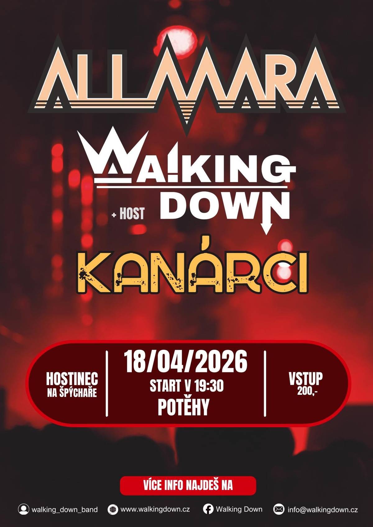 ROCKOVÝ VEČER V POTĚHÁCH! 🎸 V sobotu 18. dubna 2026 bude v Hostinci Na Špýchaře o něco živěji než obvykle… 🎶 Na pódiu zahrají tři kapely, které vás provedou večerem plným živé muziky: 🔥 ALLMARA 🔥 WALKING DOWN 🔥 KANÁRCI Přijďte si užít příjemný večer, potkat známé tváře a strávit čas u dobré muziky. 📅 18. 4. 2026 🕢 od 19:30 📍 Hostinec Na Špýchaře, Potěhy 🎟 vstupné 200 Kč Těšíme se na vás!