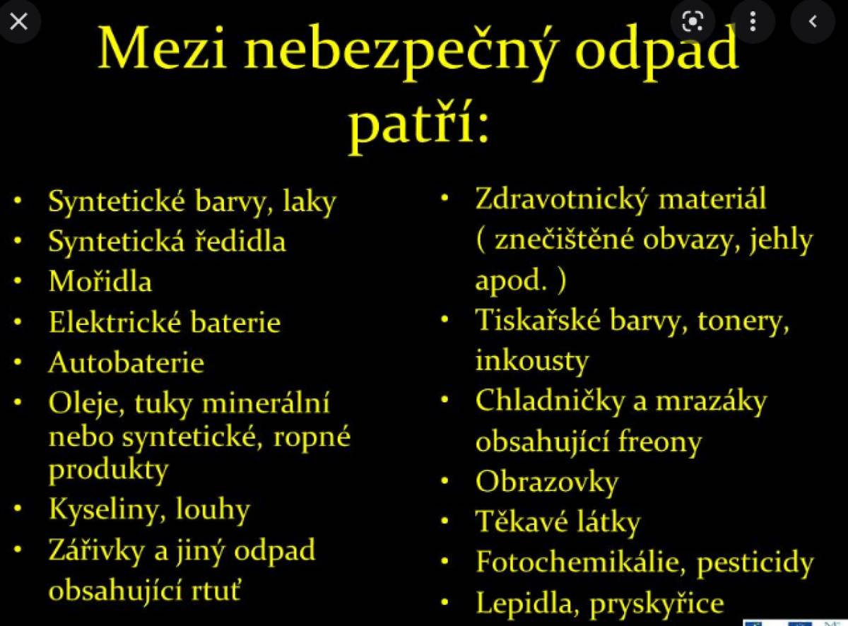 V pondělí 11. května 2026 provede pojízdná sběrna AVE v naší obci sběr nebezpečných odpadů. Vozidla budou přistavena na obvyklém místě u zastávky autobusu v čase od 16:00 do 16:10 hod.