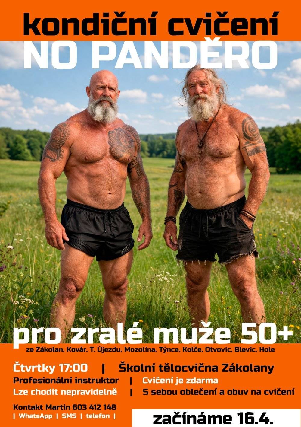 Dosáhli jste padesátky a nedosáhnete na zem? Máte pocit, že po padesátce už tělo potřebuje nějakou údržbu? Nebo chcete udržovat fyzičku? Poznat základy juda?   Každý čtvrtek v 17:00 ve školní tělocvičně v Zákolanech se potkáme.   Přestože cvičíme pod vedením profesionála, cvičení je zdarma. Díky dotačnímu titulu Podpora obcím oceněným titulem Bílá stuha v soutěži Vesnice roku 2025. Lze chodit i nepravidelně, jak vám to vyjde. Přineste si oblečení a obuv do tělocvičny.   Kontakt na Martina Plocara, která cvičení vede je 603 412 148 (WhatsApp / SMS / telefon)   Začínáme 16. dubna 2026 a pak už každý čtvrtek v 17:00.