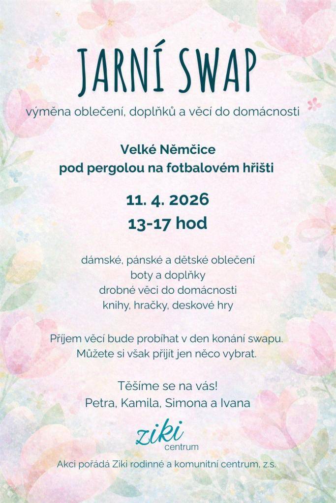 výměna oblečení, doplňků a věci do domácnosti  Velké Němčice - pod pergolou na fotbalovém hřišti  11.4.2026 13-17 hod.