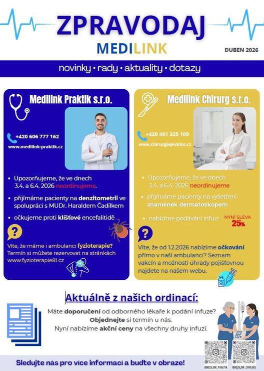 Zpravodaj MEDILINK - duben 2026 Ke stažení zde: Zpravodaj Medilink Duben.pdf