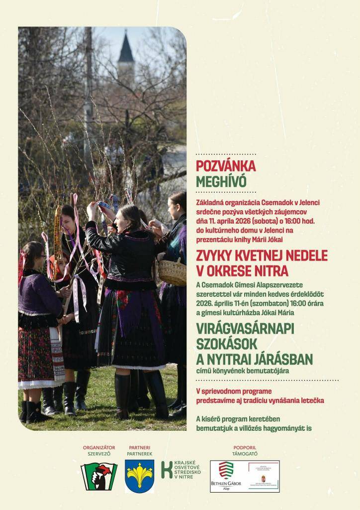 Srdečne pozývame na prezentáciu knihy Márie Jókai s názvom:  Zvyky kvetnej nedele v okrese Nitra.  Szeretettel meghívunk mindenkit Jókai Mária - Virágvasárnapi szokások a nyitrai járásban című könyvének bemutatójára.