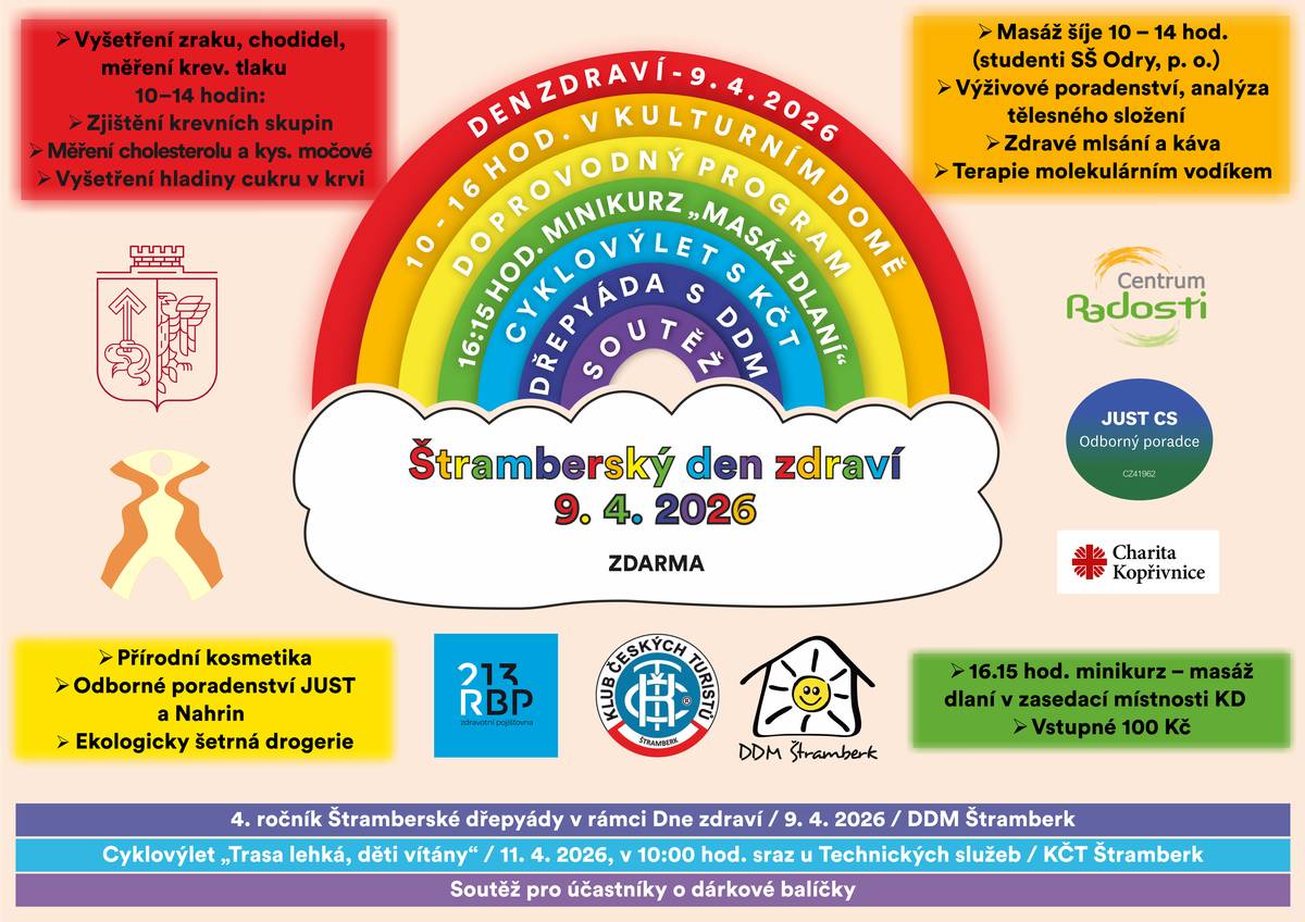 Finální přípravy jsou v plném proudu a od 10 hodin se budeme těšit v sále kulturního domu ve Štramberku! Událost akce na FB: https://fb.me/e/5OKAArDxz Popřípadě informace naleznete také na webu města: https://www.stramberk.cz/.../den-zdravi-4652_1399cs.html