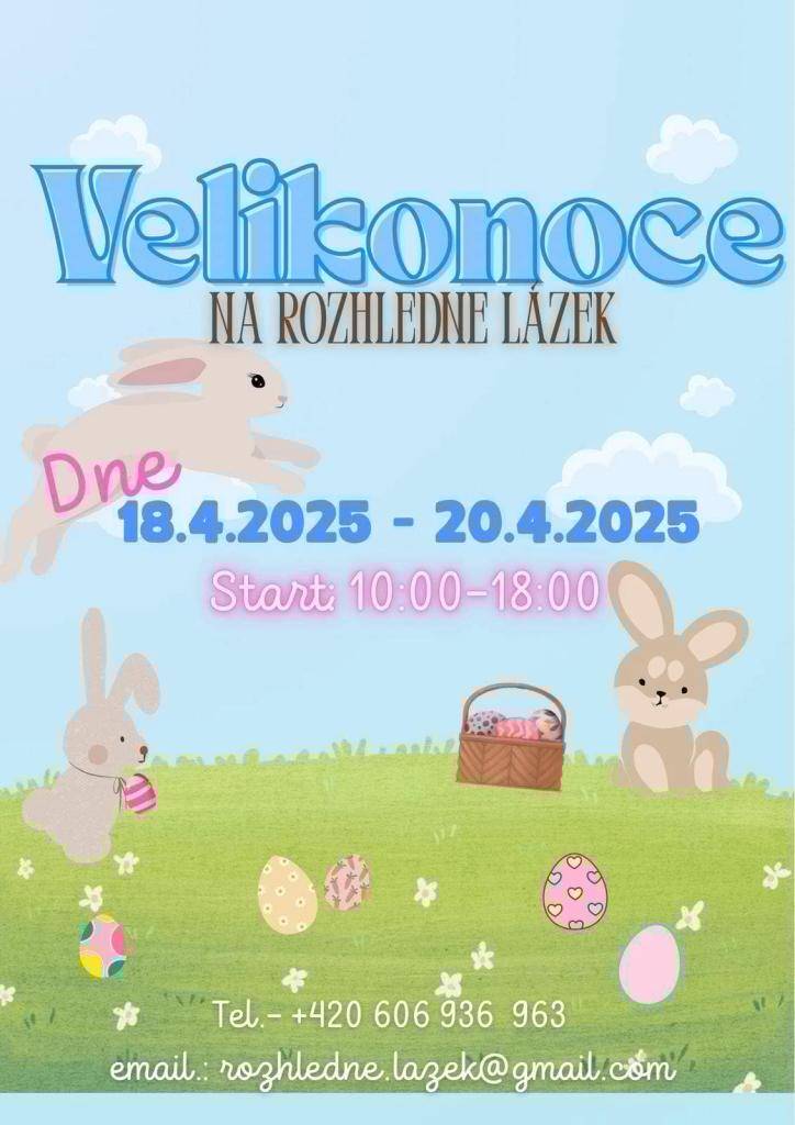 Rozhledna Lázek a její majitelé Vás zvou od 18. do 20. 4. na Velikonoce na rozhledně Lázek. V nabídce bude: zelené pivo, Šerák 11, nealko piva, kofola, káva čaj, utopenci, párek v rohlíku, hranolky, smažený sýr, maracujové donuty a velikonoční beránek.