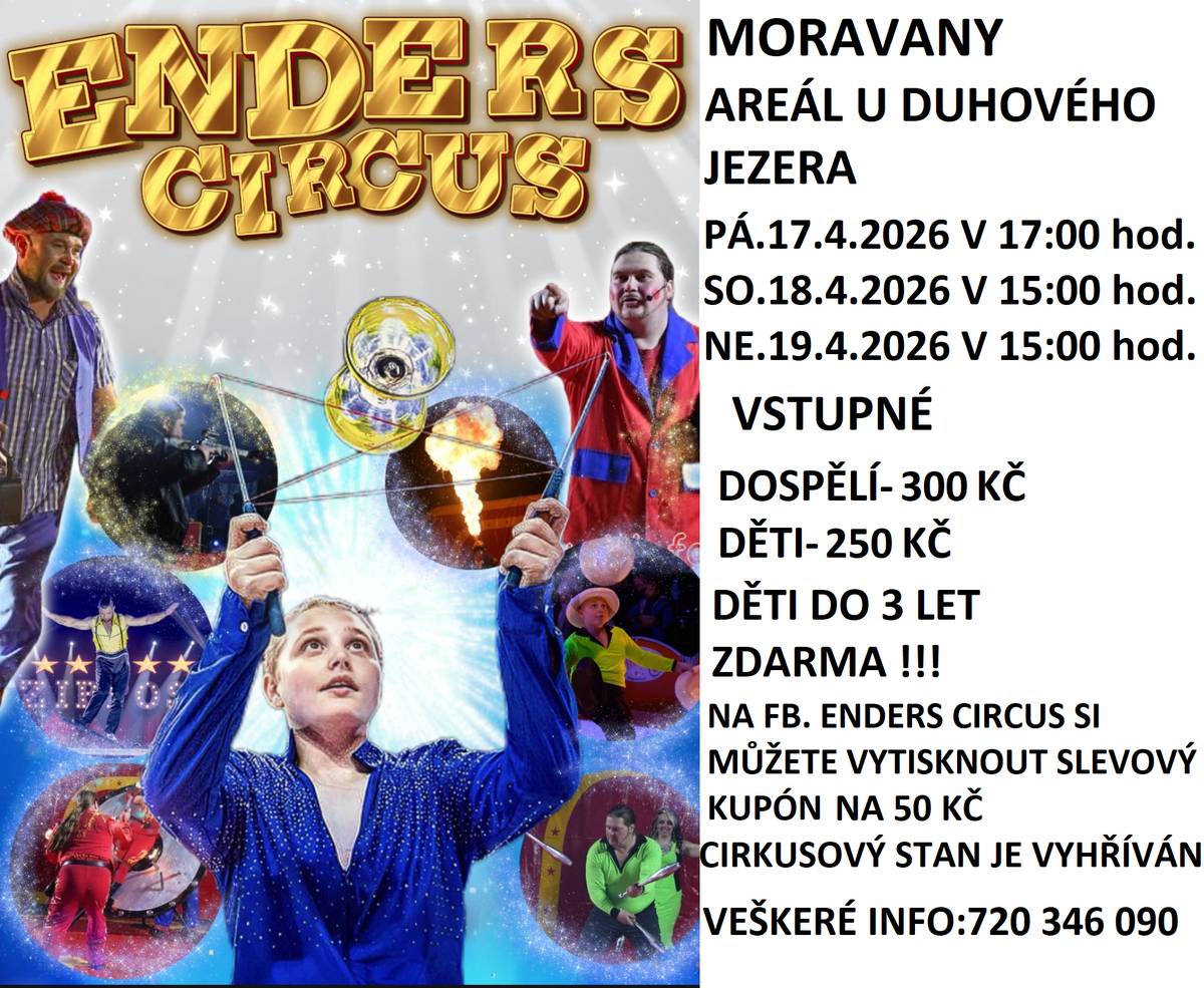 V areálu Duhového jezera se bude ve dnech 17.4. od 17 hod., 18.4. od 15 hod., 19.4. od 15 hod. cirkusové vystoupení. Vstupné dospělí 300 Kč, děti 250 Kč, děti do 3 let zdarma.