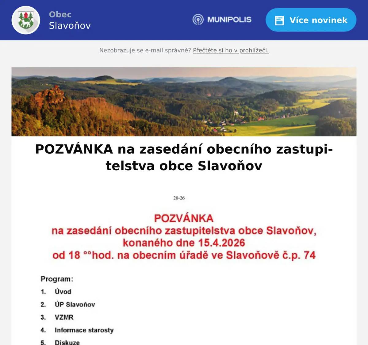 POZVÁNKA na zasedání obecního zastupitelstva obce Slavoňov, konaného dne 15.4.2026 od 18 °°hod. na obecním úřadě ve Slavoňově č.p. 74