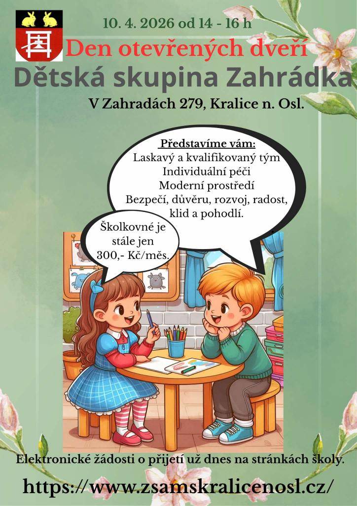 Den otevřených dveří - Dětská skupina Zahrádka v pátek 10.4.2026 od 14:00 do 16:00 hod.
