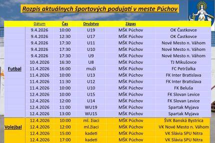 Šport   Dátum   Čas   Družstvo   Zápas       Futbal   9.4.2026   10:00 hod.   U19   MŠK Púchov vs. OK Častkovce       9.4.2026   12:30 hod.   U1...