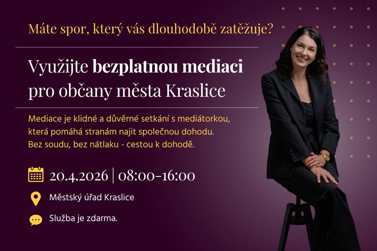 Město Kraslice nabízí občanům možnost bezplatné mediace – klidného a důvěrného setkání s mediátorkou, která vám pomůže najít společnou dohodu. 🤝 🗣️ Mediace je klidné a důvěrné setkání s mediátorkou, která pomáhá oběma stranám najít společnou dohodu. ✅ Bez soudu ⚖️ ✅ Bez nátlaku 🚫 ✅ Cestou vzájemné dohody 💬🤝 📅 20.04.2026 🕗 8:00–16:00 hod. 📍 Městský úřad Kraslice 🏛️ 🎯 Služba je ZDARMA ✔️ 💡 Využijte možnost řešit spory smírnou, lidskou a respektující cestou.