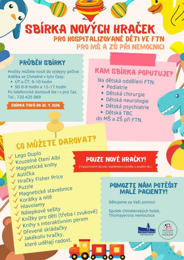 Pomozte společně se Spolkem chmelenských holek potěšit malé pacienty ve Fakultní Thomayerově nemocnici a vykouzlit jim úsměv na tváři.