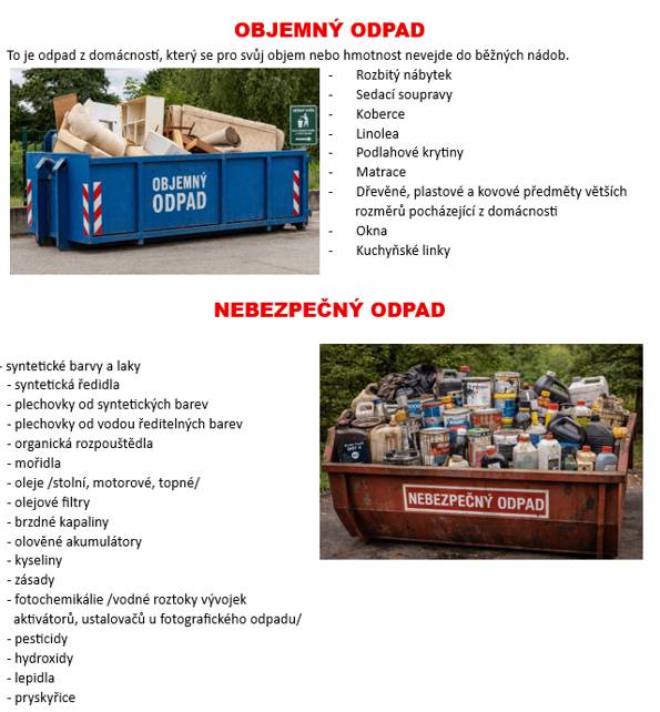 Informujeme občany, že v sobotu 25. dubna 2026 proběhne pravidelný sběr nebezpečného a velkoobjemového odpadu. 📍 Místo: Před Obecním domem, Malenovice č. p. 5 🕒 Čas: 10:30 – 11:30 Bližší informace o tom, jaké druhy odpadu lze odevzdat, jsou uvedeny v příloze. Elektroodpad se NEODEBÍRÁ. ❌ Žádáme občany, aby odpad přinášeli pouze v uvedeném čase a řídili se pokyny obsluhy. Odpad bude následně odborně zlikvidován.