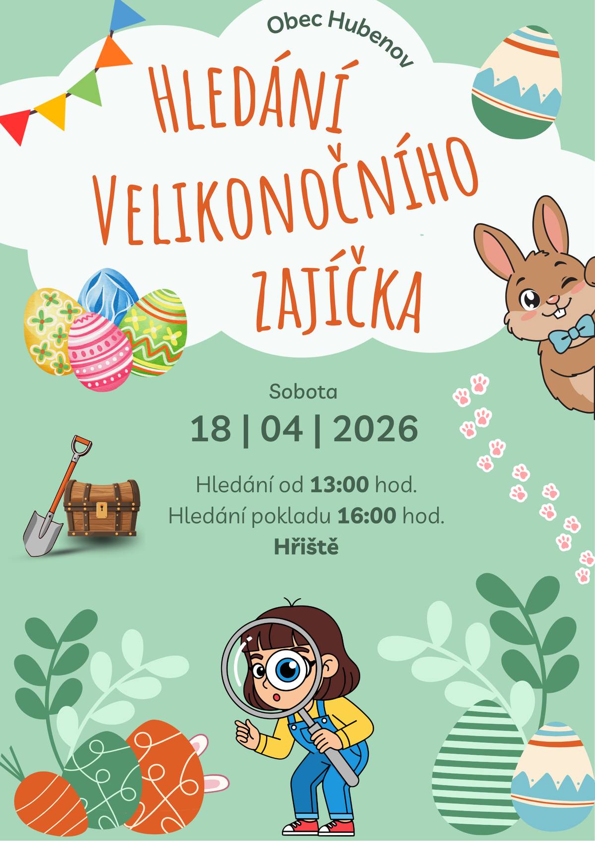Později, ale přeci 😊 I letos se naši nejmenší mohou těšit na hledání velikonočního zajíčka 🐰, kterého tentokrát nebudete hledat pomocí mapy, ale hledání si užijete v podobě známe hry ŠIPKOVANÁ ↗️. Při hledání se můžete těšit na hádanky, ukryté skrýše s dobrůtkami a samozřejmě spoustu zábavy. Akce se koná v sobotu 18.4.2026 📅. Hledání započne ve 13:00 hod. 🕐 a finální zakončení s hledáním zajíčka bude na Hřišti v 16:00 hod. 🕓 Na hřišti samozřejmě nebude chybět ani občerstvení. PRAVIDLA:  4 trasy - červená ❤️, zelená 💚, žlutá 💛, modrá 💙 prosím o nahlášení účastníků do jednotlivých tras v komentáři na Facebooku každá skupina bude mít určený START  (dám vědět později) spojme příjemné s užitečným aneb čistý Hubenov - sběr odpadků do pytlů, které Vám dodám  Budeme se těšit! 😍