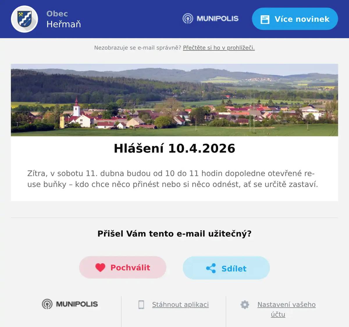 Zítra, v sobotu 11. dubna budou od 10 do 11 hodin dopoledne otevřené re-use buňky – kdo chce něco přinést nebo si něco odnést, ať se určitě zastaví.