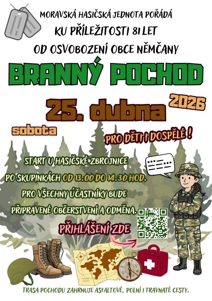 Moravská hasičská jednota ve spolupráci s obcí Němčany srdečně zve všechny ku příležitosti 81 let výročí od osvobození obce Němčany na BRANNÝ POCHOD, který se uskuteční v sobotu 25.4. od 13.00 hod.   Pro všechny zúčastněné bude připravené občerstvení a odměna. Na tuto akci je nutné se přihlásit.