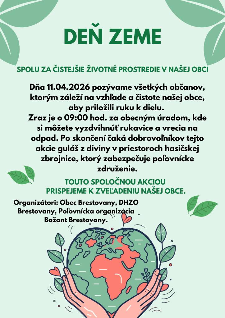 Vážení spoluobčania, záleží vám na vzhľade a čistote našej obce? Pridajte sa k nám a priložte ruku k dielu! Spoločnými silami urobíme naše okolie krajším miestom pre život.  KEDY: Sobota, 11. apríla 2026  ZRAZ: o 09:00 hod. za obecným úradom