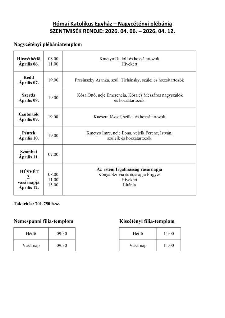 Poriadok svätých omší: 6. 4. 2026 - 12. 4. 2026