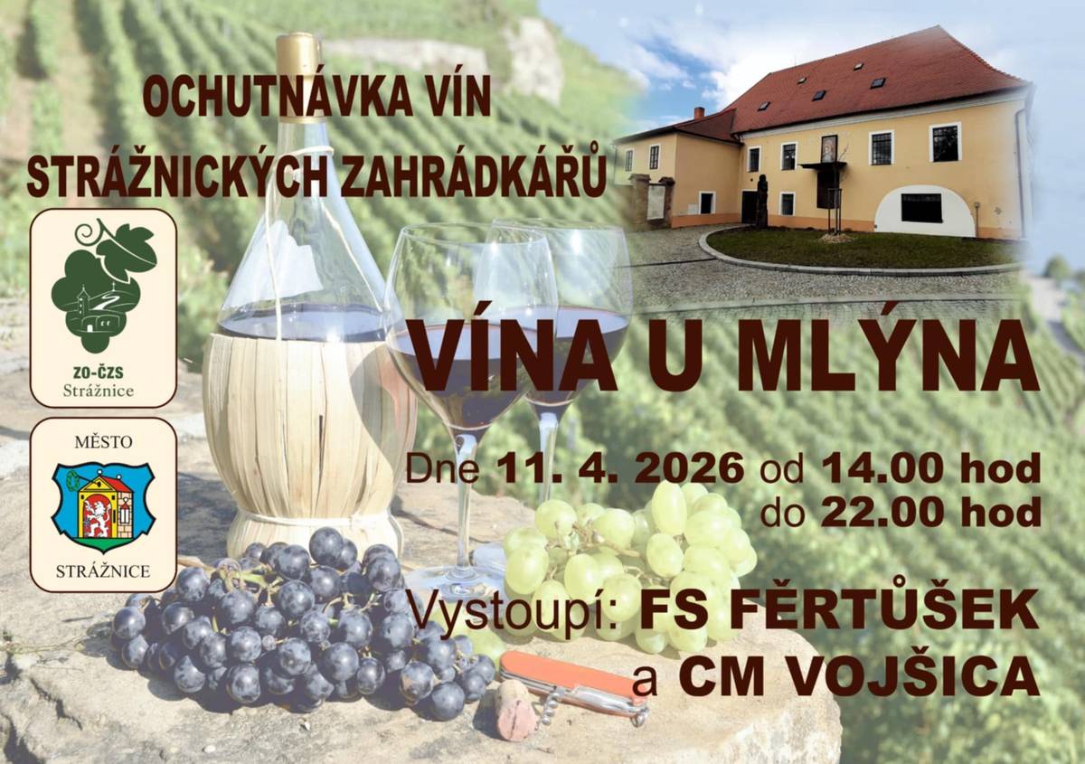 Tradiční Josefský košt je za námi a my Vás společně se strážnickými zahrádkáři srdečně zveme na ochutnávku vín strážnických zahrádkářů - na první ročník akce Vína u mlýna🍷 📅 Kdy: 11. dubna 2026 🕑 Čas: 14:00 – 22:00 Těšit se můžete na širokou nabídku kvalitních vín od místních vinařů, příjemnou atmosféru a také doprovodný program: 🎶 vystoupí FS Fěrtúšek a CM Vojšica Přijďte si užít pohodové odpoledne a večer plný dobrého vína, hudby a setkání s přáteli 🍷 Těšíme se na vás už tuto sobotu!
