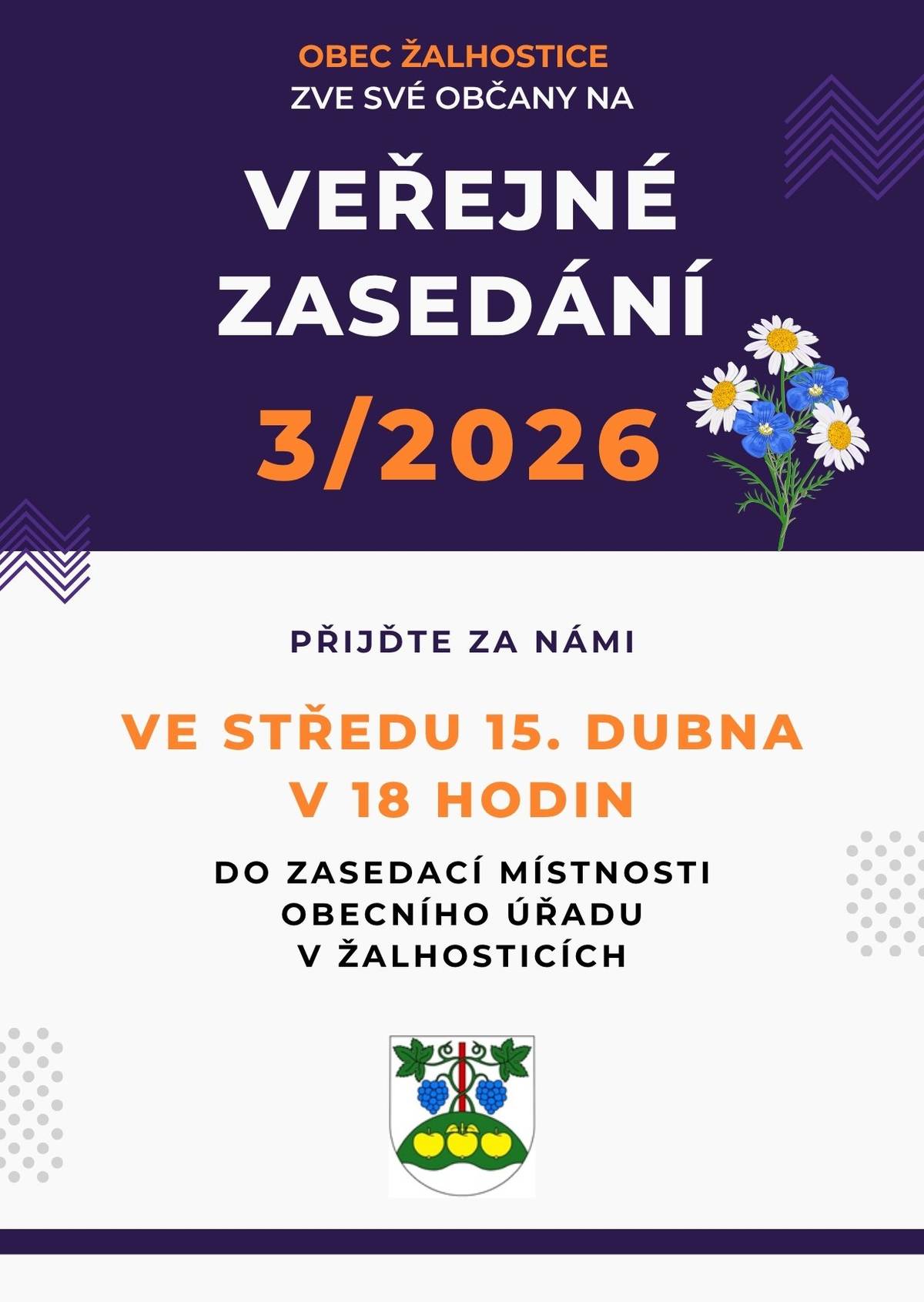 Zveme všechny občany na veřejné zasedání, které se koná ve středu 15. dubna. Přijďte v 18 hodin do zasedací místnosti obecního úřadu. Děkujeme a těšíme se na osobní setkání!