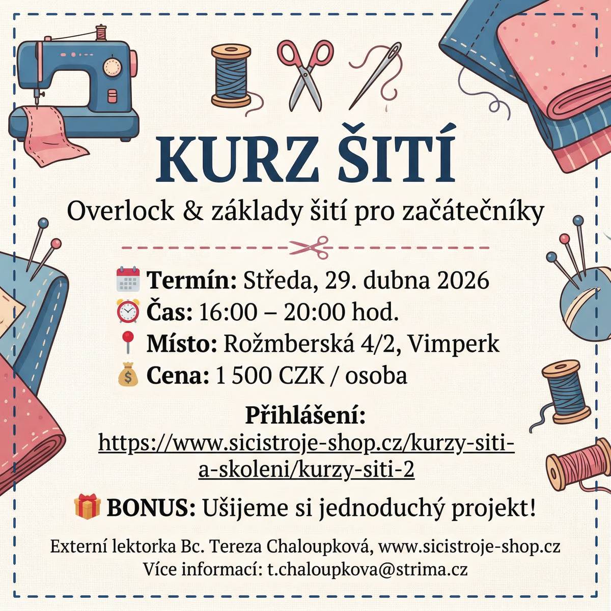 Pozvánka na kurz šití ve Vimperku🧷✂️ Kdy? středa 29. 4., od 16:00 do 20:00 Kde? Rožmberská 4/2