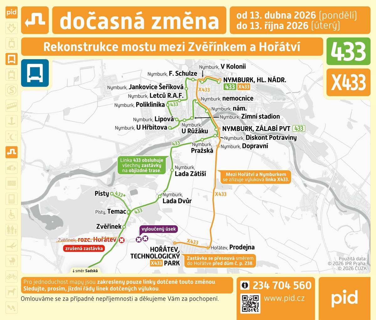 PID informuje, že od 13. dubna dochází ke změně jízdníhu řádu linky 433 a zavedení náhradní linky X433 z důvodu uzavírky mezi Hořátví a Zvěřínkem.