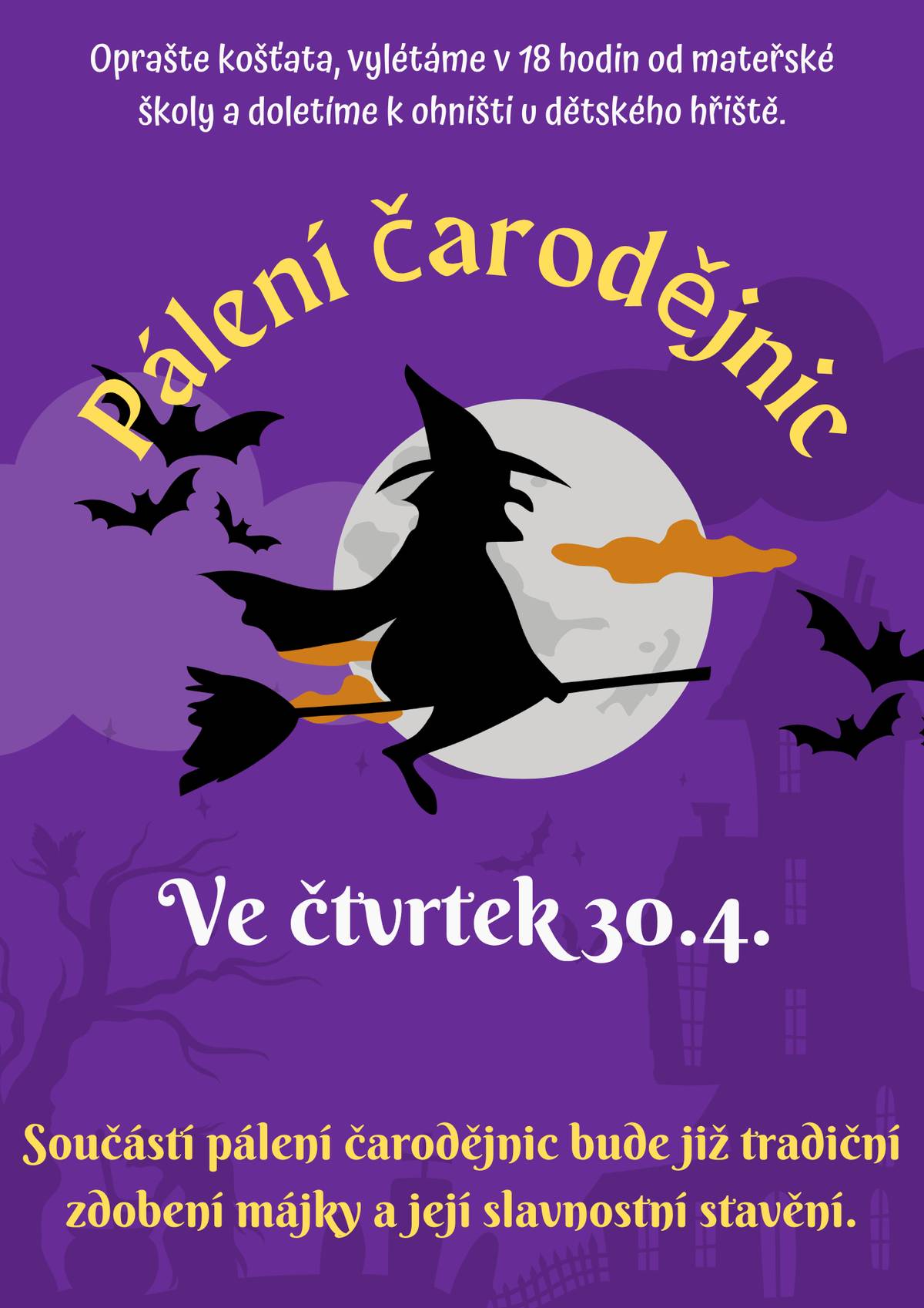 Vážení spoluobčané, dovolujeme si Vás srdečně pozvat na tradiční pálení čarodějnic, které se koná dne 30. 4. 2026 od 18:00 hodin na hřišti v Židovicích. Sraz v 18 hodin u mateřské školky v Židovcích /pokud možno v maskách/. Součástí akce bude zdobení a stavění májky, zapálení hranice a společné posezení u ohně. Pro děti budou připraveny drobné aktivity. Přijďte si užít příjemný podvečer, setkat se se sousedy a společně dodržet tuto oblíbenou tradici. Občerstvení je zajištěno. Těšíme se na Vaši účast. OÚ Židovice