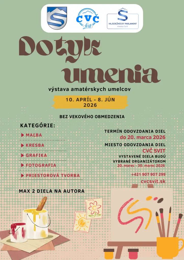 Dotyk umenia je výstava amatérskych umelcov bez vekového obmedzenia, ktorá vytvára priestor na prezentáciu tvorby, kreativity a osobného umeleckého prejavu. Je určená všetkým, ktorí sa venujú výtvarnej tvorbe vo voľnom čase a chcú svoje diela predstaviť.