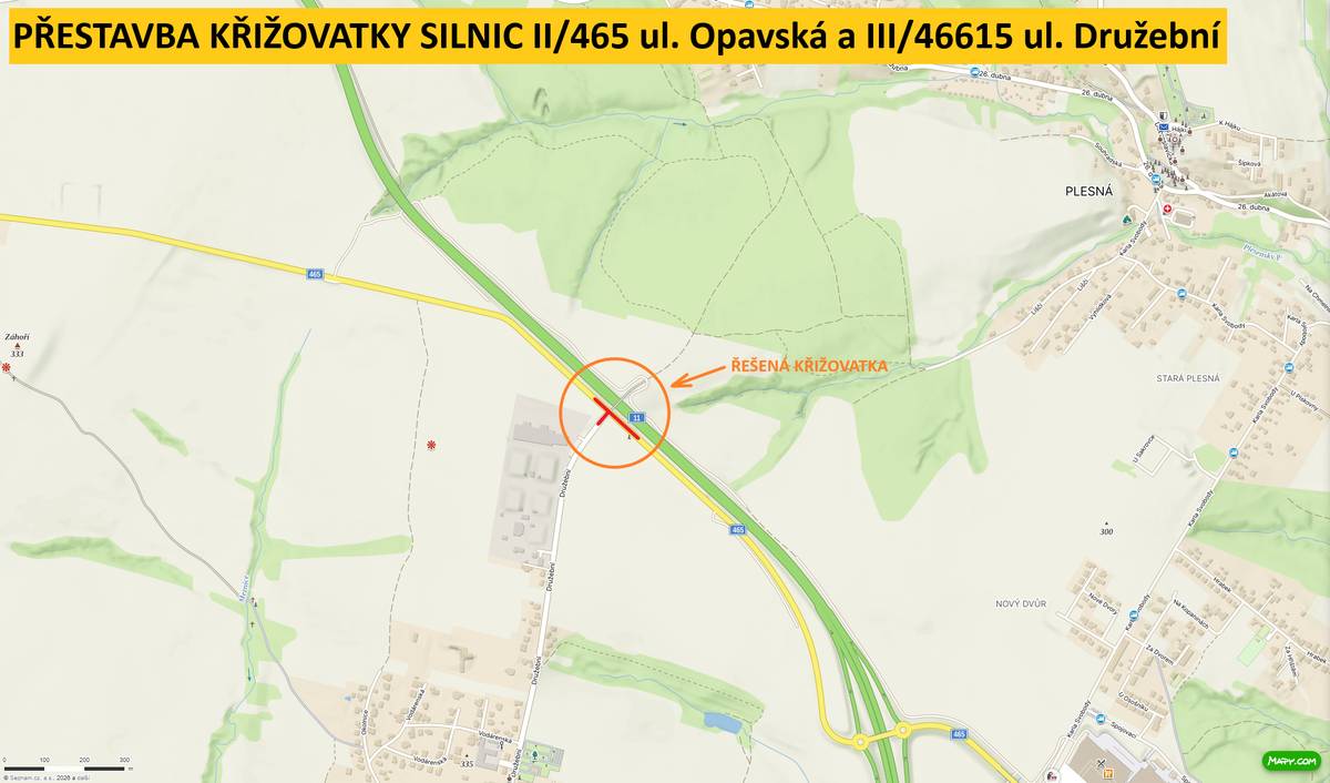 Upozornění na přestavbu křižovatky silnic II/465 ul. Opavksá a III/46615 ul. Družební.