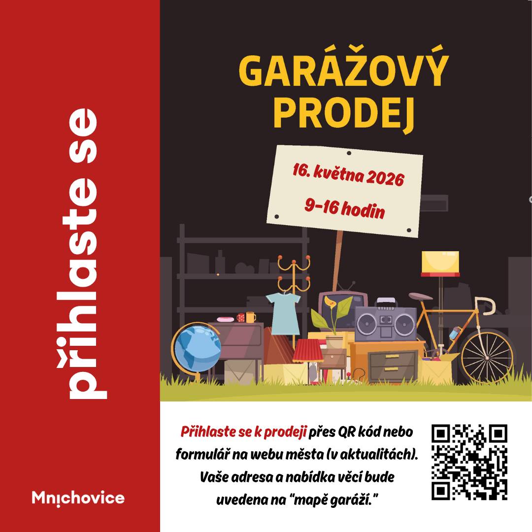 V sobotu 16.5. pro vás město opět připraví oblíbený garážový prodej. Pokud máte věci, které byste rádi nabídli k prodeji, nachystejte je ve svých garážích, u branky nebo jakkoli jinak. A nejdůležitější věc je zaregistrovat se (před odkaz na webu města nebo tento QR kód), aby se vaše garáž objevila v mapě. Tu pravidelně zveřejňujeme na webu města i na sítích, aby návštěvníci garáží věděli, kam se vydat pro konkrétní věci. V mapě se zobrazí puntík u přihlášené adresy spolu s nabídkou, kterou daný prodejce chystá (dětské oblečení, sekačka na trávu, nádobí apod.). Těšíme se.  Přihlašovací formulář