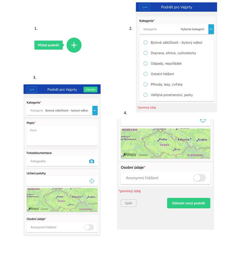 Tlačítko PODNĚTY naleznete ve svém mobilním telefonu po otevření aplikace Munipolis. Nachází se v dolním levém rohu pod ikonou fotoaparátu. Stačí na něj kliknout, vybrat kategorii, vyfotit místo, které chcete řešit, a podnět odeslat. My ho následně přebereme a postaráme se o jeho vyřízení. Video naleznete zde:  https://drive.google.com/file/d/10AUEREo6PyDEJA9AUTb6knIgl8DcIiAj/view