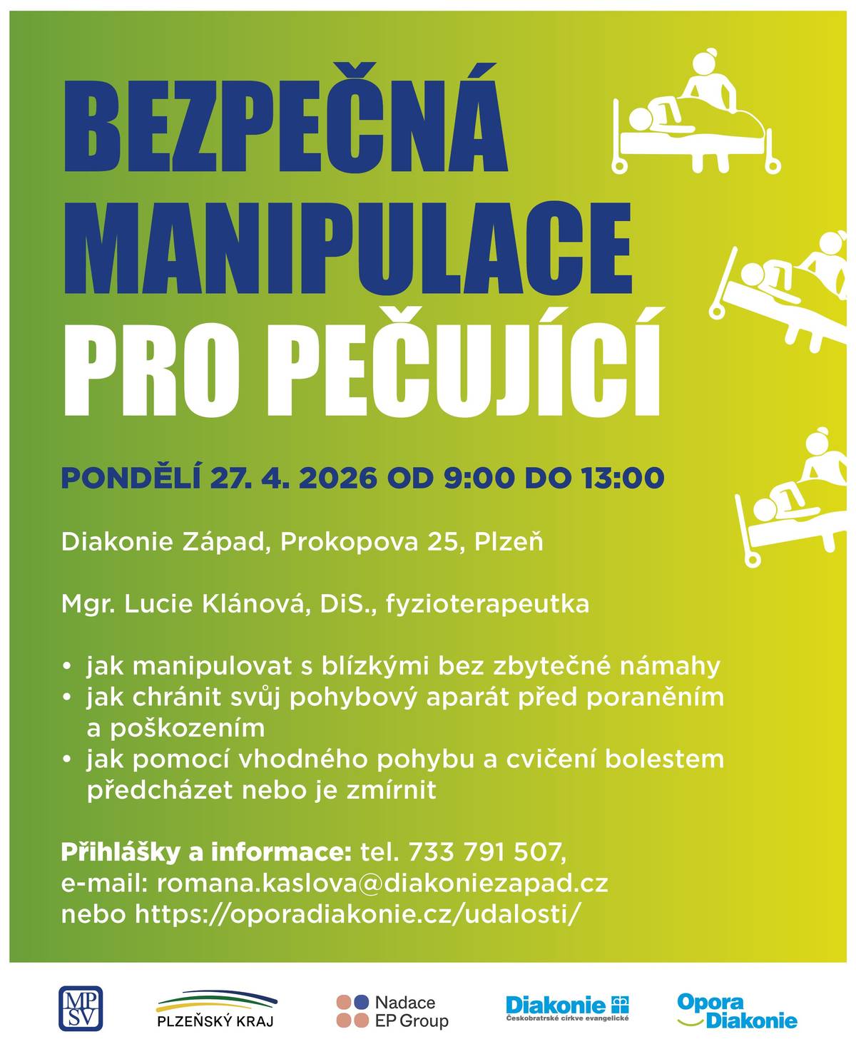 Víme, jak náročná může role neformálního pečujícího být, a proto vytváříme místo, kde pečujícím nabízíme porozumění, prostor pro  sdílení i konkrétní pomoc.   V rámci našich služeb nabízíme:   individuální konzultace (včetně možnosti setkání přímo v domácnosti), kde se věnujeme konkrétní situaci pečujícího a hledáme možnosti podpory, skupinová setkání, která přinášejí možnost sdílet zkušenosti s lidmi v podobné situaci, kurzy a praktický zácvik v péči, které mohou pečujícím dodat větší jistotu a dovednosti v každodenní péči.   Upozorňujeme na nově organizovaný workshop Bezpečná manipulace pro pečující, který proběhne 27.4. v Plzni. Pečující se zde dovědí, jak správně a šetrně manipulovat se svým blízkým, a zároveň, jak chránit vlastní tělo před přetížením a bolestí.    Více o naší činnosti najdete zde:    https://zapad.diakonie.cz/sluzba-oj/podpora-neformalnich-pecujicich/    https://www.opora-diakonie.cz