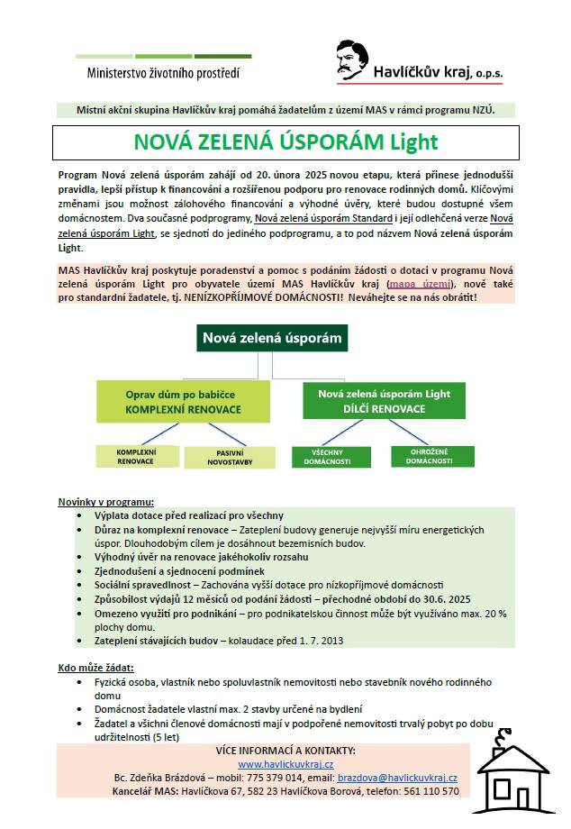 Od 20. února 2025 spustí program Nová zelená úsporám novou etapu, která nabídne jednodušší pravidla a lepší přístup k financování pro renovace rodinných domů. Klíčovými změnami jsou zálohové financování a výhodné úvěry, které budou k dispozici všem domácnostem. Místní akční skupina Havlíčkův kraj po