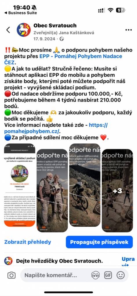 Obec Svratouch požádala Nadaci ČEZ o finanční podporu na nákup vyvýšeného skládacího podia.