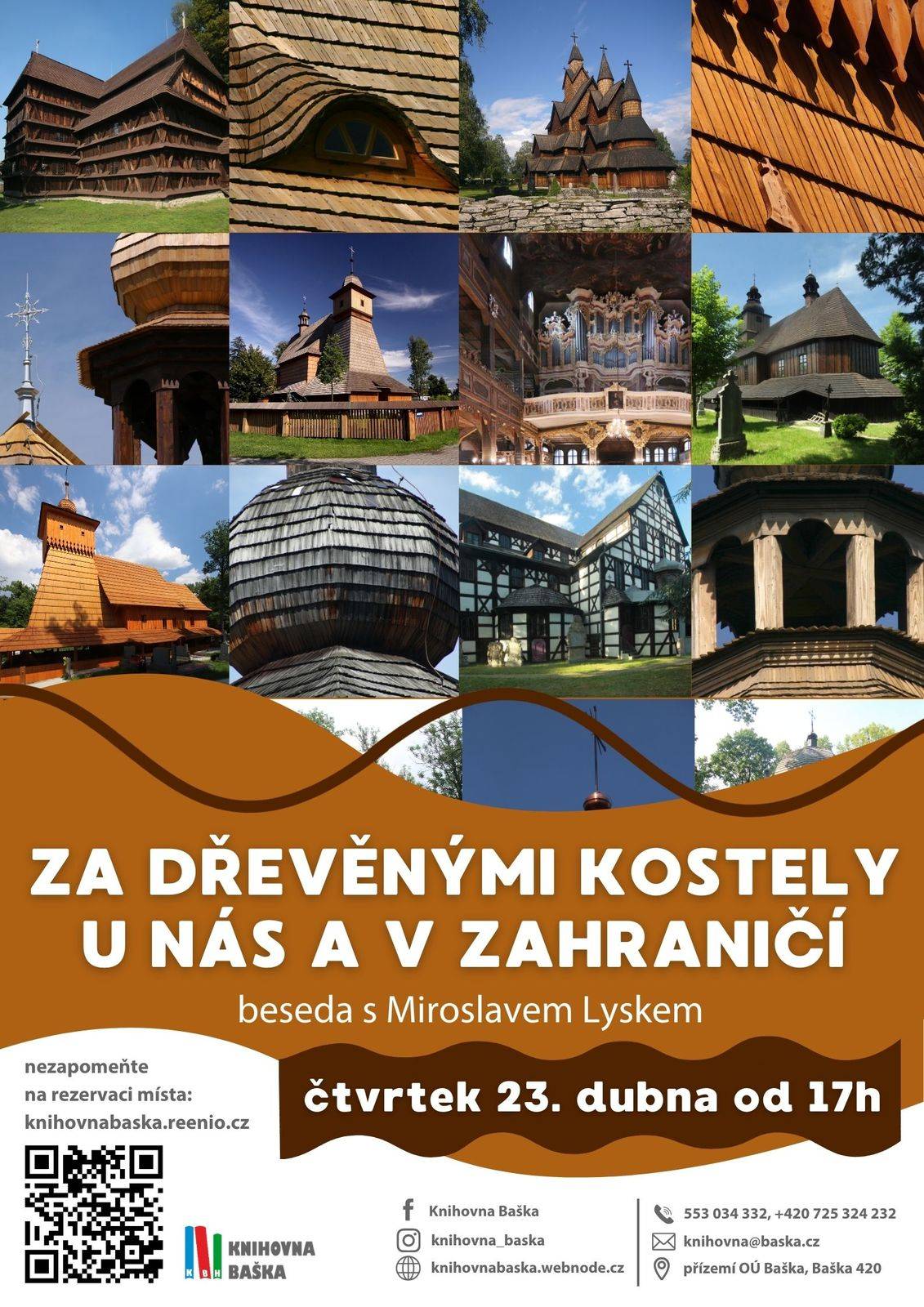Přednáška seznámí s různými typy dřevěných kostelů v Pobeskydí i v jiných částech České republiky, na které naváží příklady této architektury v zahraničí – především v zemích karpatského oblouku – Polsku, Slovensku, Ukrajině a Rumunsku. Samostatná část bude věnovaná také nejcennějším dřevěným kostelům v Norsku. Ze zahraničních kostelů půjde především o ty, které mají statut památek UNESCO.