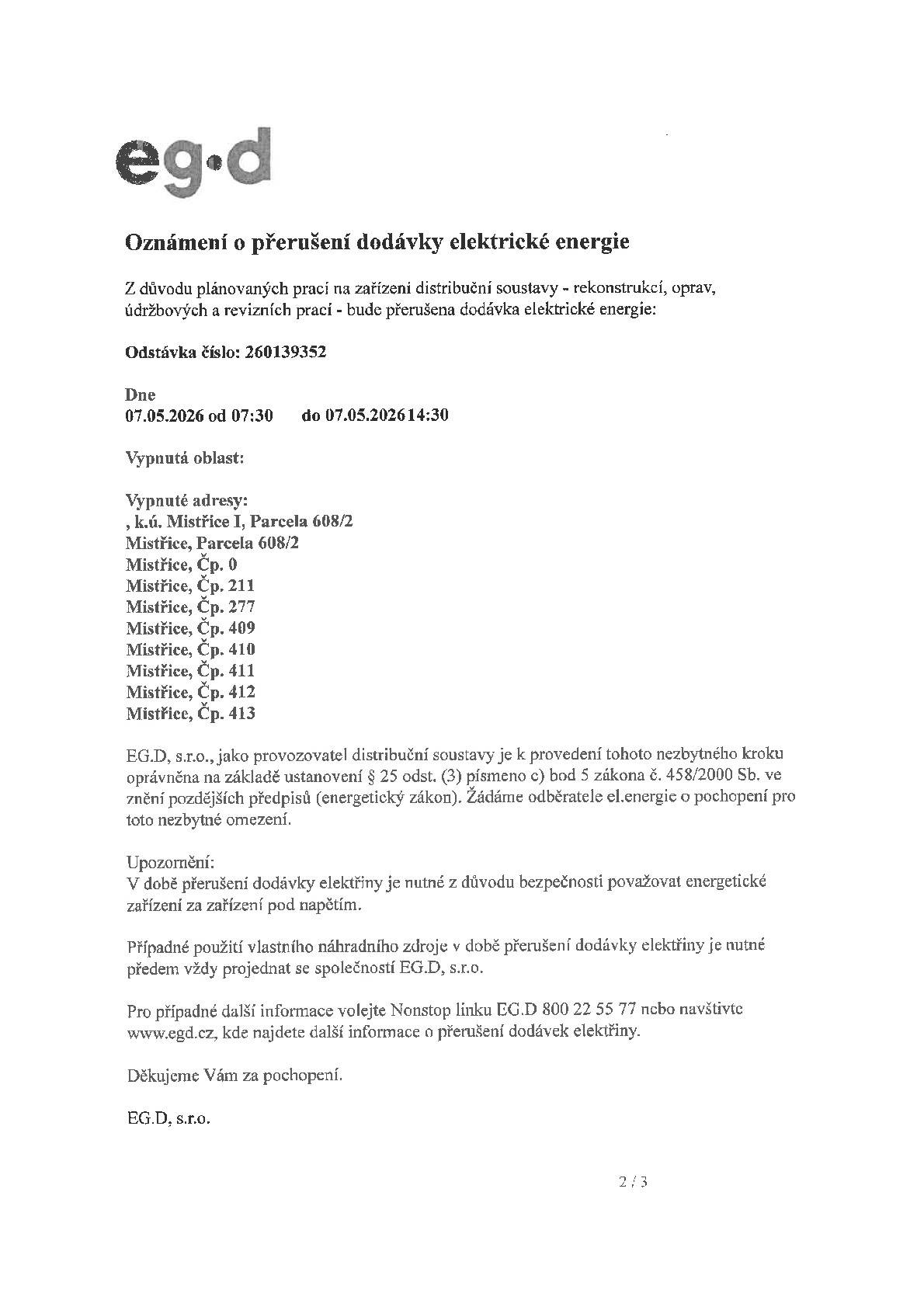 Odstávka proběhne ve čtvrtek 7. 5. 2026 od 7.30 do 14.30 hodin na adresách uvedených níže.