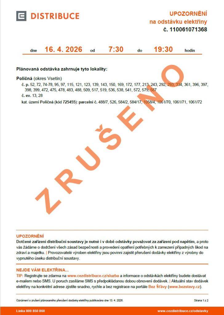 ČEZ Distribuce informuje o zrušení plánované odstávky v termínu 16. 4. 2026.