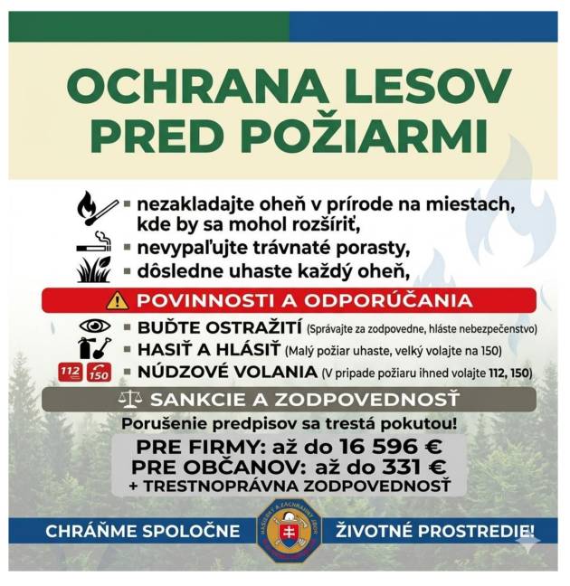 Vážení občania,    v súvislosti s príchodom teplejších a suchších dní vás upozorňujeme na zvýšené riziko vzniku požiarov v prírodnom prostredí.