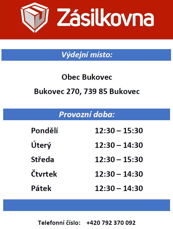 Obec Bukovec informuje, že výdejní místo Zásilkovny je od pondělí 13. 4. 2026 na obecním úřadě znovu otevřeno. Přijďte si vyzvednout své zásilky na adresu Bukovec 270, 739 85 Bukovec.  Otevírací doba viz plakát.  Z-BOX je i nadále k dispozici.