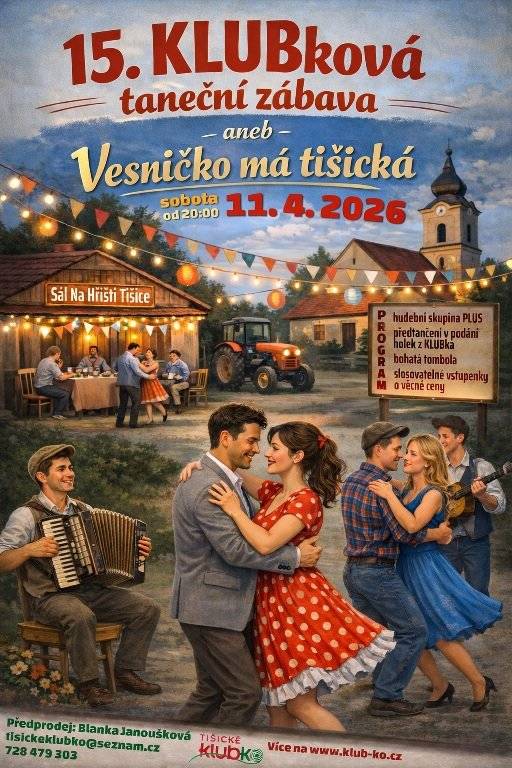Drazí sousedé, už dnes večer nás zvou naše dámy z Tišického KLUBka na 15. KLUBkovou taneční zábavu – Vesničko má tišická 💃 Těšit se můžeme na hudební skupinu PLUS, předtančení děvčat z KLUBka a také bohatou tombolu 🎶 Přijďme si užít příjemný večer plný hudby, tance a setkání se sousedy. Těšíme se na Vás 👍
