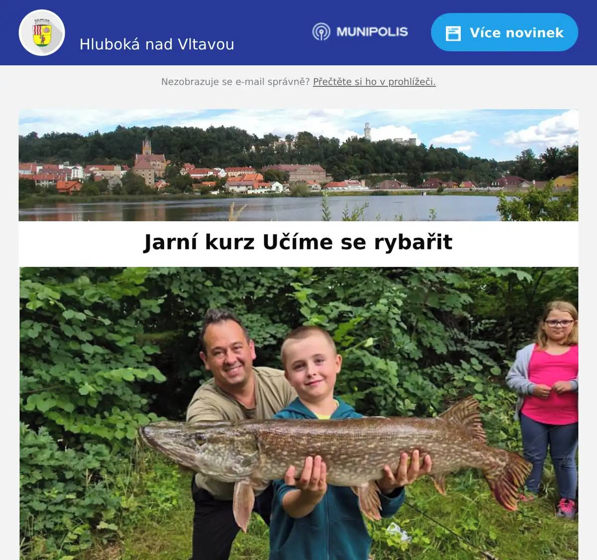 Milí spoluobčané,  Hluboká v pohybu nabízí kurz "Učíme se rybařit". Jarní kurz 2026 je určený dětem od 6 let, které chtějí poznat svět kolem vody, naučit se základy sportovního rybolovu a bezpečně pracovat s rybářským vybavením. Čeká je 8 lekcí plných přírody, nových dovedností a objevování vodních biotopů i živočichů.Kurz probíhá každý čtvrtek od 30. 4. do 18. 6. 2026, vždy 15:30–18:30, pod vedením BcA. Jakuba Kabáta, dvojnásobného mistra ČR v lovu ryb udicí na plavanou. Součástí je i závěrečná soutěž o zlatou rybku a možnost získat rybářský lístek pro absolventy.📍 Pískovna u Bavorovic👧 od 6 let💰 3 500 Kč / 8 lekcí  https://www.hlubokavpohybu.cz/kalendar-akci/ucime-se-rybarit-jarni-kurz-2026  Bc. Karla Peldová - předseda spolku, sportovní akce, Montessori školkatel. 777 147 740www.hlubokavpohybu.czFB - https://www.facebook.com/hlubokavpohybu