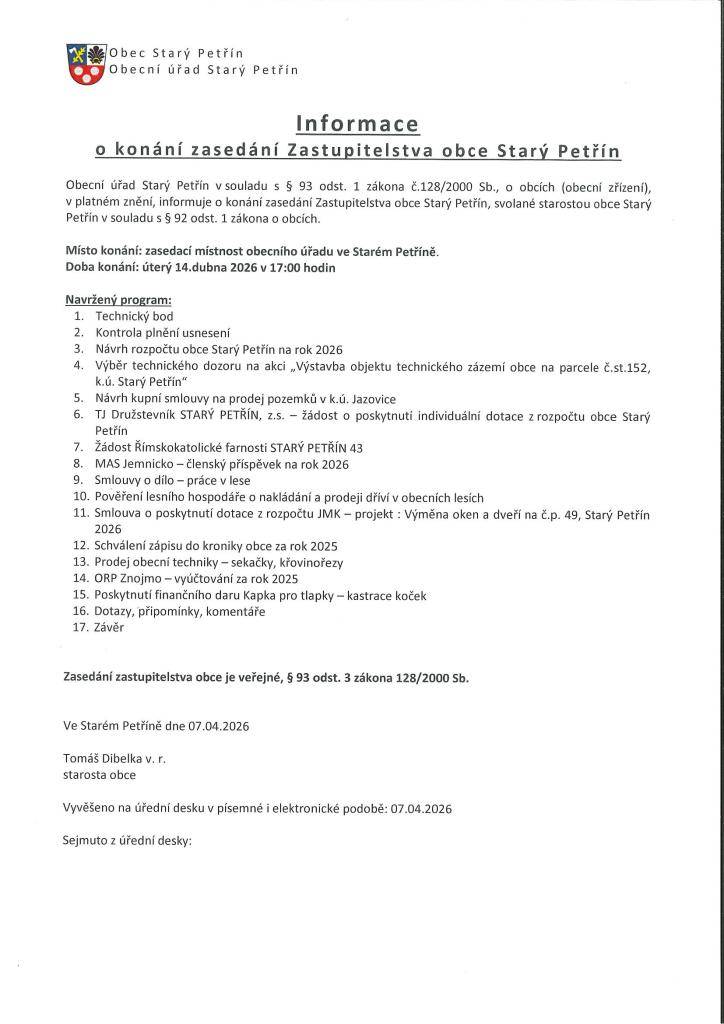 V úterý 14.04.2026 od 17:00 v zasedací místnosti obecního úřadu.   Všichni jste srdečně zváni.