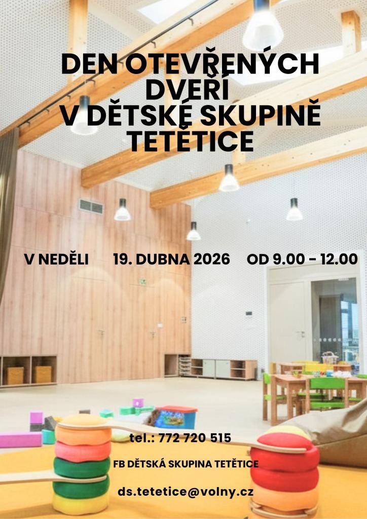 ZŠ a MŠ Počenice-Tetětice pořádá Den otevřených dveří pro rodiče s dětmi v neděli 19. dubna od 9 do 12 hodin v budově dětské skupiny v Tetěticích.