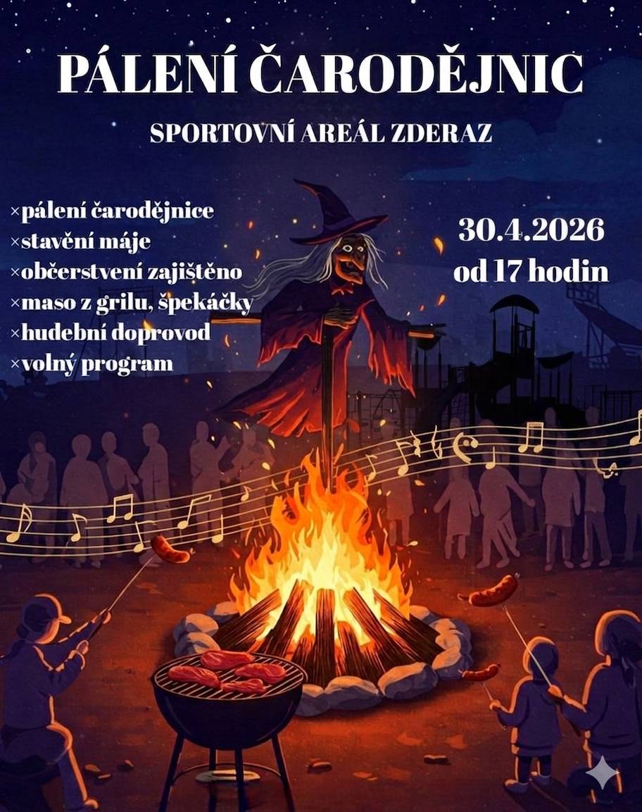 Pořadatelé ze zderazského Tatranu si vás dovolují pozvat na pálení čarodějnic.🔥 I letos se vše uskuteční 30. dubna ve sportovním areálu. Začátek bude v 17 hodin. Můžete se těšit na hranici, maso z grilu, špekáčky, hudební doprovod a další volný program.🎉
