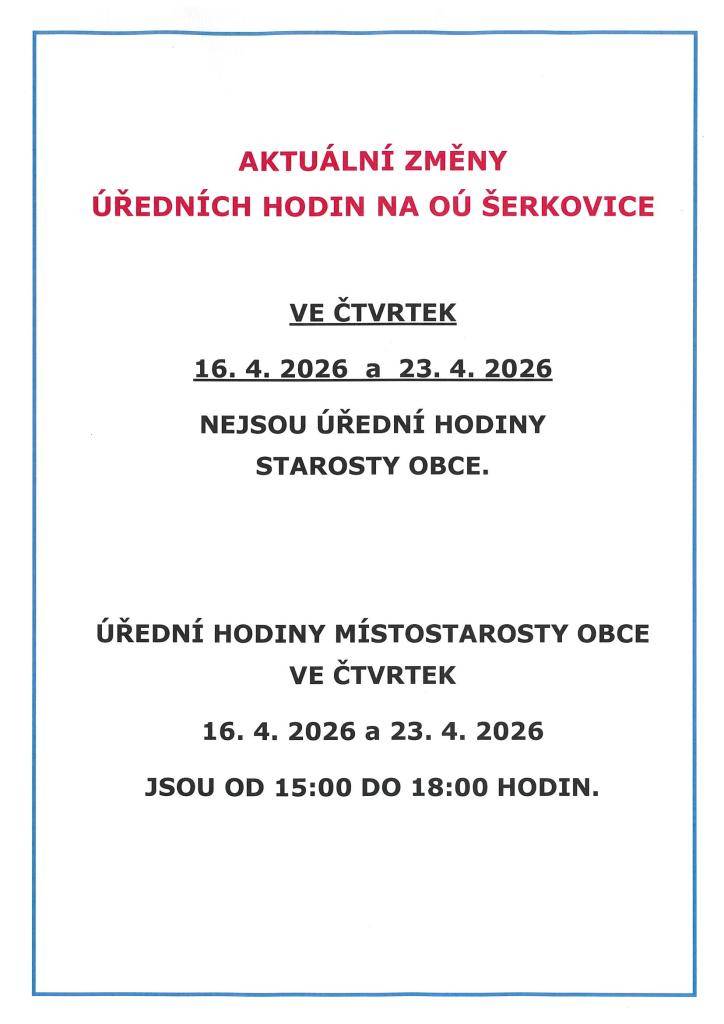 Změna úředních hodin na OÚ Šerkovice