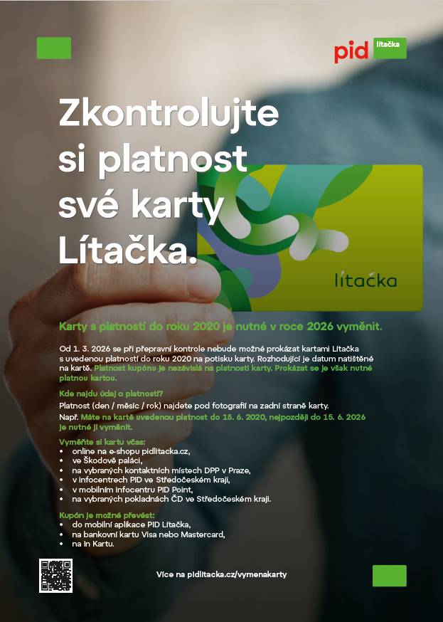 Používáte kartu Lítačka s nahraným dlouhodobým předplatným kupónem? Doporučujeme ověřit její platnost.  Pokud má vaše karta platnost do roku 2020, je nutné ji během roku 2026 vyměnit za novou a kupón na ni převést. Po uplynutí této doby už nebude možné se při přepravní kontrole kartou prokázat.
