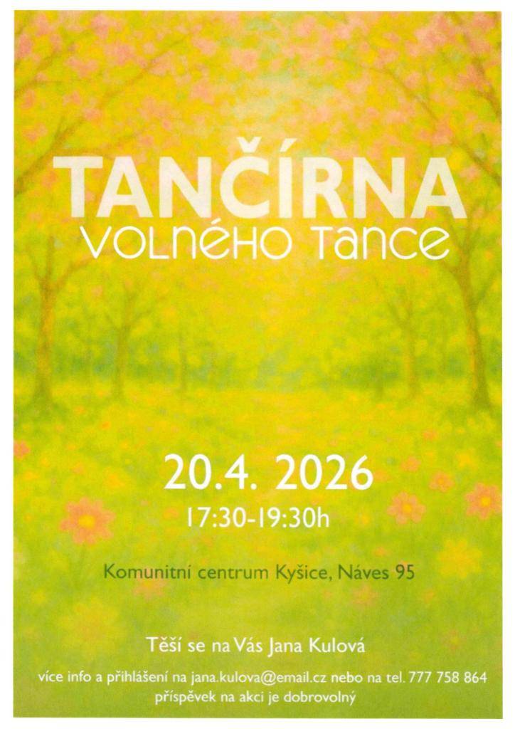 Tančírna volného tance se koná 20.4.2026 od 17:30 v komunitním centru U Kobesů.