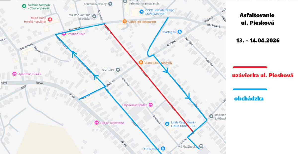 Vážení občania, z dôvodu plánovaného asfaltovania ulice Piesková, ktoré sa uskutoční v dňoch 13. a 14. apríla 2026, vás prosíme o trpezlivosť a súčinnosť.  Prosíme vás o využitie obchádzkových ciest pri ceste do centra mesta, resp. k Materskej škole na Sládkovičovej ulici.