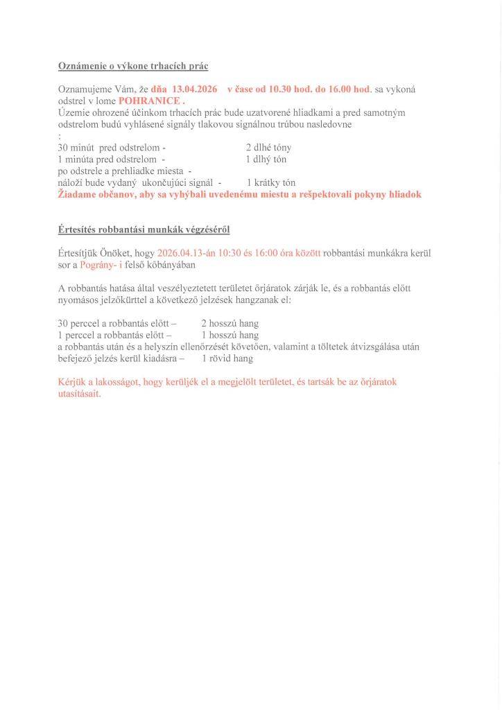 Oznámenie o výkone trhacích prác - Értesítés a robbantási munkák végzéséről
