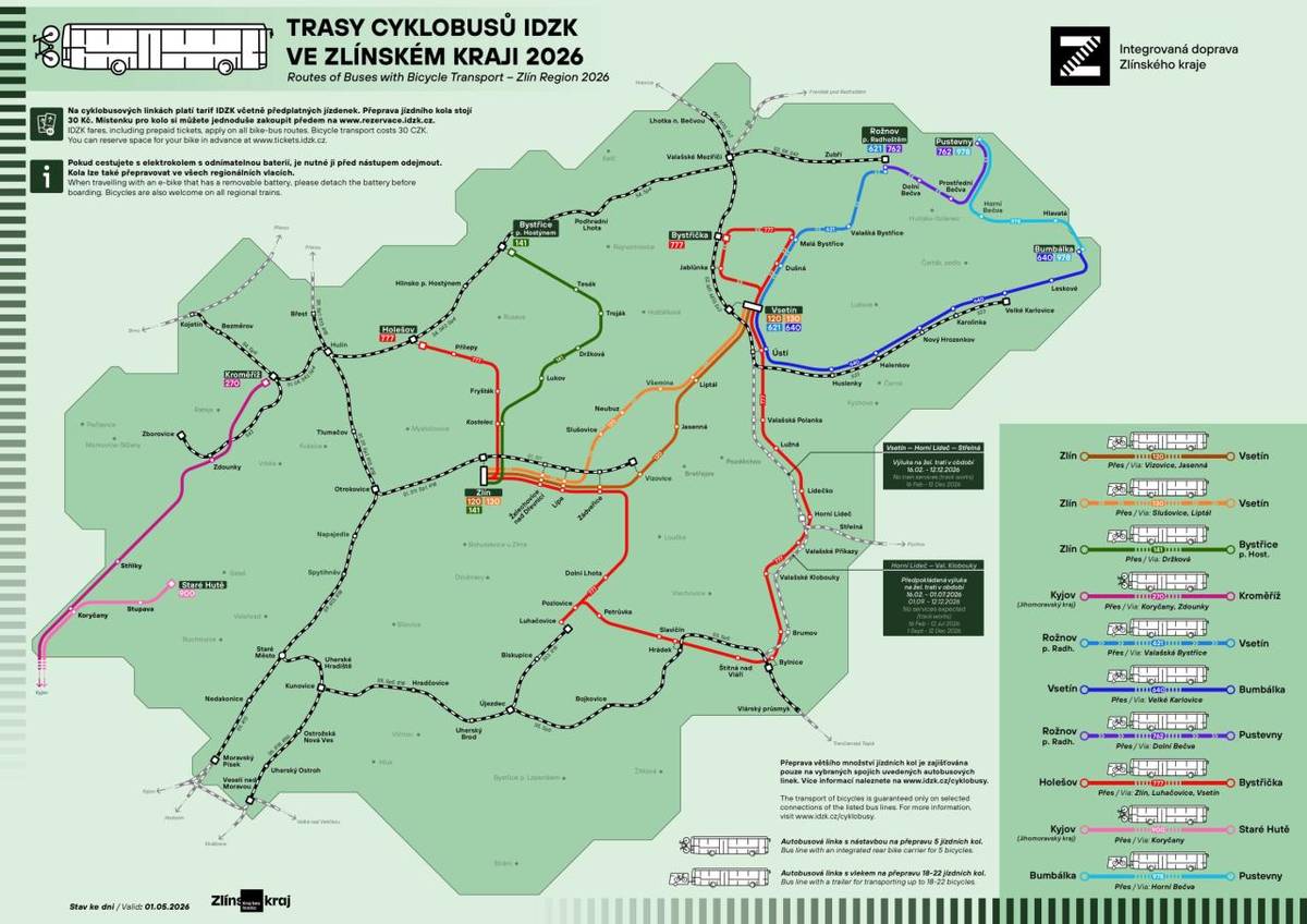 Od 1. května opět začnou jezdit cyklobusové linky Zlínského kraje.    Podrobnosti najdete v informační brožuře, která bude v regionu fyzicky dostupná i v turistických informačních kancelářích a v dopravních kancelářích Integrované dopravy Zlínského kraje.