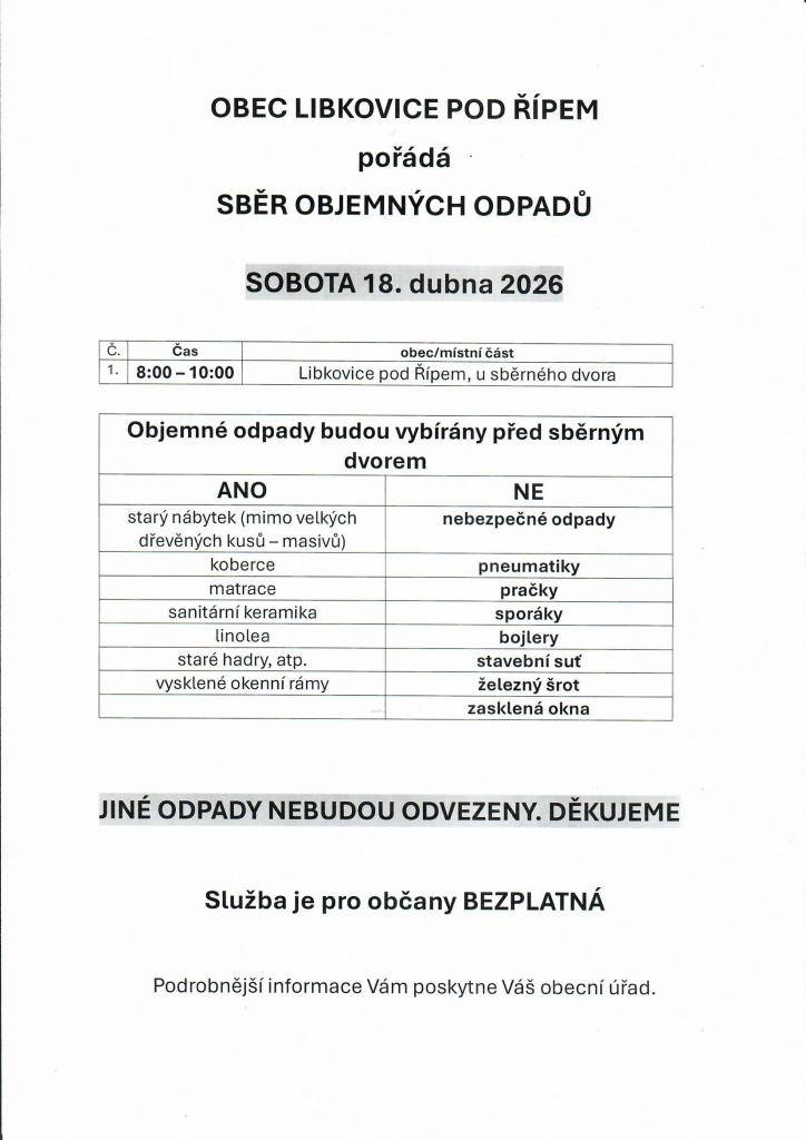 Dne 18.4. 2026 (sobota), proběhne sběr objemných odpadů. Mobilní sběrna bude přistavena u SBĚRNÉHO DVORA od 8:00 do 10:00.  Více info - viz. přiložený leták.